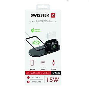 Bezdrátová nabíječka Swissten 3v1, černá obraz