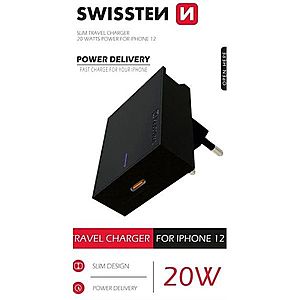 Rychlonabíječka Swissten Power Delivery 20W s 1x USB-C pre iPhone 12, černá obraz