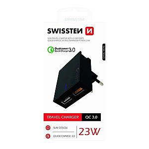 Rychlonabíječka Swissten Qualcomm Charger 3.0 s 2 USB konektory, 23W, černá obraz