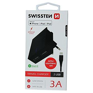 Rychlonabíječka Swissten Smart IC 3.A s 2 USB konektory + datový kabel USB/Lightning MFI 1, 2 m, černá obraz