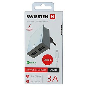 Rychlonabíječka Swissten Smart IC 3.A s 2 USB konektory + datový kabel USB/USB-C 1, 2 m, bílá obraz
