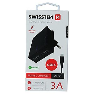 Rychlonabíječka Swissten Smart IC 3.A s 2 USB konektory + datový kabel USB/USB-C 1, 2 m, černá obraz