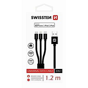 Datový kabel Swissten textilní 3 v 1 as podporou rychlonabíjení, černý obraz