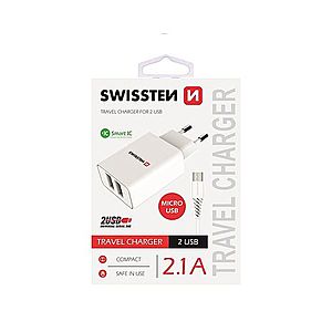 Nabíječka Swissten Smart IC 2.1A s 2 USB konektory a datovým kabelem USB/Micro USB, 1, 2m, bílá obraz