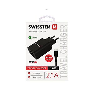 Nabíječka Swissten Smart IC 2.1A s 2 USB konektory a datovým kabelem USB/Micro USB, 1, 2m, černá obraz
