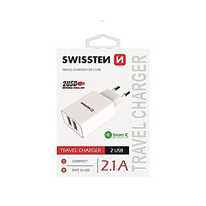 Nabíječka Swissten Smart IC 2.1A s 2 USB konektory, bílá obraz