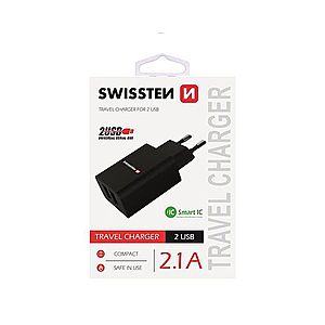 Nabíječka Swissten Smart IC 2.1A s 2 USB konektory, černá obraz