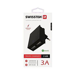 Rychlonabíječka Swissten Smart IC 3.A s 2 USB konektory, černá obraz