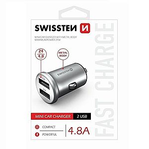 Autonabíječka Swissten kovová 4.8A s 2 USB sloty, Silver obraz