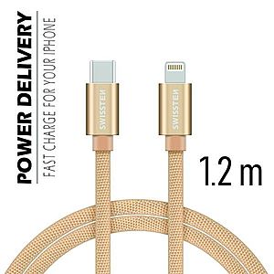 Datový kabel Swissten textilní s USB-C + Lightning konektory a podporou rychlonabíjení, Gold obraz