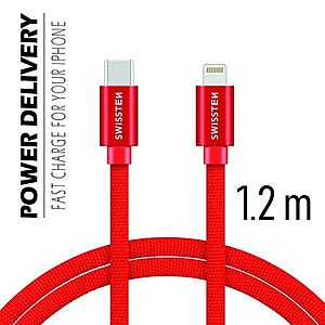 Datový kabel Swissten textilní s USB-C + Lightning konektory a podporou rychlonabíjení, Red obraz