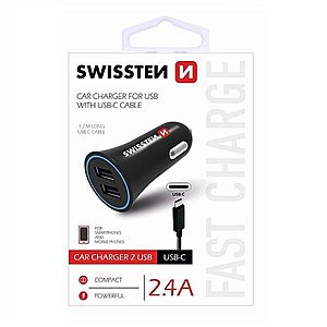 Autonabíječka Swissten 2.4A s 2x USB + kabel USB-C obraz