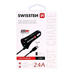 Autonabíječka Swissten 2.4A se zabudovaným Micro-USB kabelem a USB konektorem obraz