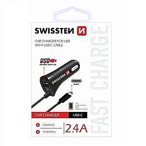 Autonabíječka Swissten 2.4A se zabudovaným USB-C kabelem a USB konektorem obraz