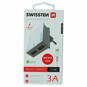 Rychlonabíječka Swissten Smart IC 3.A s 2 USB konektory + datový kabel USB/Micro USB 1, 2 m, bílá obraz
