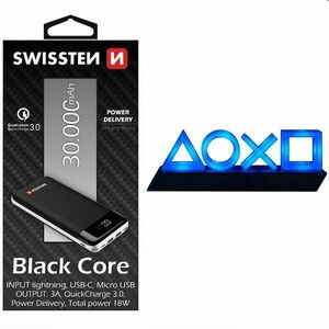 Swissten Black Core Slim Powerbank 30.000 mAh + Playstation 5 Icons Light USB obraz