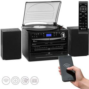 Auna 388-DAB +, stereo systém, 20 W max., desky, CD, kazety, BT, FM / DAB +, USB, černý obraz