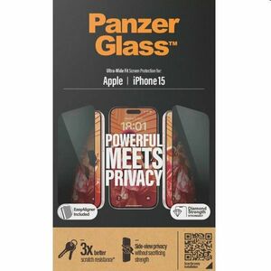 Ochranné sklo PanzerGlass UWF Privacy s aplikátorem pro Apple iPhone 15, černé obraz