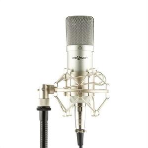 OneConcept Mic-700, stříbrný, studiový mikrofon, Ø 34 mm, univerzální, pavouk, ochrana před větrem, XLR obraz