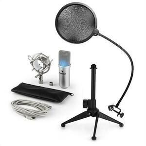 Auna MIC-900S-LED V2, USB mikrofonní sada, stříbrný kondenzátorový mikrofon + pop-filter + stolní stativ obraz