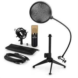 Auna MIC-900BG-LED V2, USB mikrofonní sada, černo zlatý kondenzátorový mikrofon + pop-filter + stolní stativ obraz