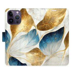 Flipové pouzdro iSaprio - GoldBlue Leaves - iPhone 14 Pro Max obraz