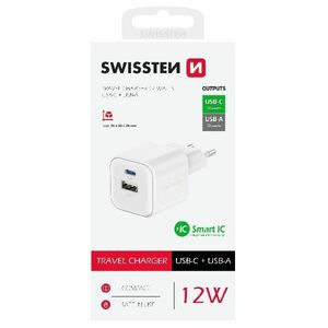 Swissten sieťový adaptér 1x USB-C + 1xUSB-A 12W, bílý obraz