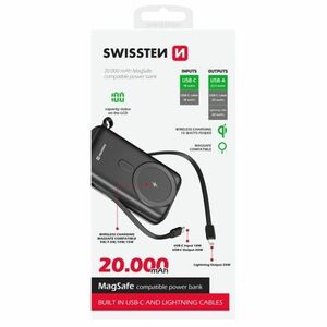 Swissten Powerbank 20 W 20000 mAh (compatible with MagSafe) with integrated USB-C and lighting cables, PD, black obraz