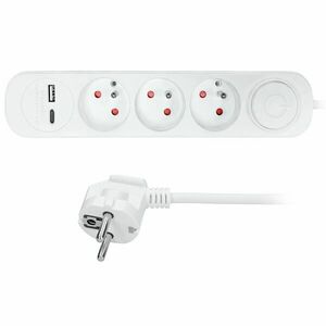 Solight 3z prodlužovací přívod s USB A+C nabíječkou 2.4A, 2m, 3 x 1mm2, bílý, vypínač PP111USBC obraz