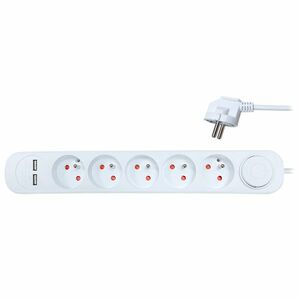 Solight prodlužovací přívod 5 zásuvek, USB A+A nabíječka 12W, 3m, 3 x 1mm2, bílý, vypínač PP152USB obraz