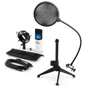 Auna MIC-900WH-LED V2, USB mikrofonní sada, bílý kondenzátorový mikrofon + pop-filter + stolní stativ obraz