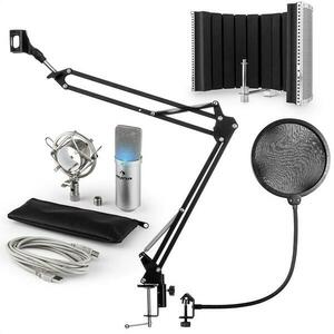 Auna MIC-900S -LED, USB MIKROFONNÍ SADA V5, STŘÍBRNÁ, kondenzátorové mikrofony, POP FILTER, AKUSTICKÁ CLONA, mikrofonní rameno obraz