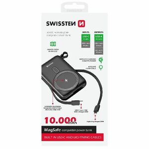 Swissten Powerbanka 20 W 10000 mAh (kompatibilný s MagSafe) s integrovanými káblami USB-C a belskovými káblami, PD, čierna obraz