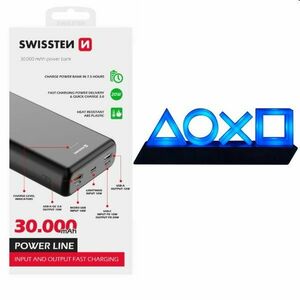 Swissten Power Line powerbanka 30000 mAh 20 W, PD, čierna a Playstation 5 Icons Light USB obraz