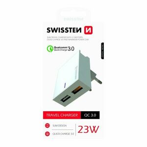 Rýchlonabíjačka Swissten Qualcomm Charger 3.0 s 2 USB konektormi, 23 W, biela obraz