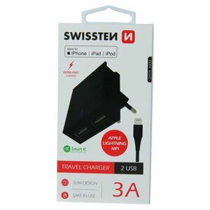 Rýchlonabíjačka Swissten Smart IC 3.A s 2 USB konektormi a dátový kábel USB / Lightning MFi 1, 2 m, čierna obraz