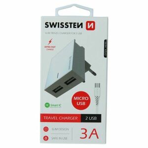 Rýchlonabíjačka Swissten Smart IC 3.A s 2 USB konektormi a dátový kábel USB / Micro USB 1, 2 m, biela obraz