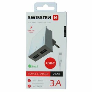 Rýchlonabíjačka Swissten Smart IC 3.A s 2 USB konektormi a dátový kábel USB / USB-C 1, 2 m, biela obraz