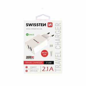 Nabíjačka Swissten Smart IC 2.1A s 2 USB konektormi a dátovým káblom USB/Micro USB, 1, 2 m, biela obraz