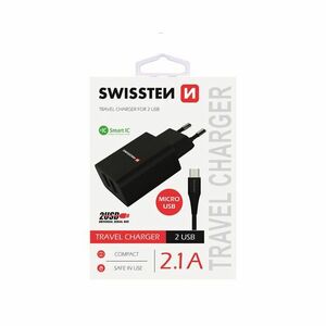 Nabíjačka Swissten Smart IC 2.1A s 2 USB konektormi a dátovým káblom USB/Micro USB, 1, 2 m, čierna obraz