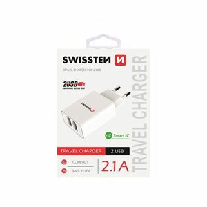 Nabíjačka Swissten Smart IC 2.1A s 2 USB konektormi, biela obraz