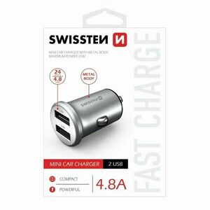 Autonabíjačka Swissten kovová 4.8A s 2 USB slotmi, strieborná obraz