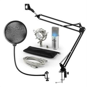 Auna MIC-900S-LED, USB MIKROFONNÍ SADA V4, STŘÍBRNÁ, kondenzátorové mikrofony, POP FILTER, mikrofonní rameno, LED obraz