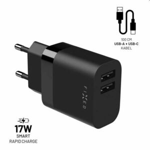 FIXED Set Síťová nabíječka 2xUSB výstupem a USB/USB-C kabelu, 1 m, 17W, Smart Rapid Charge, černá obraz