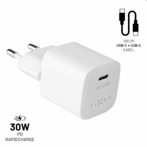 FIXED Set Síťová mini nabíječka s USB-C výstupem a USB-C/USB-C kabel 1m, PD, 30W, bílý obraz