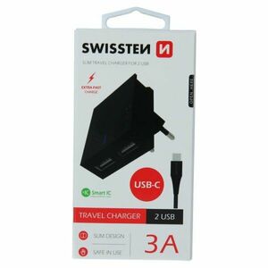 Rychlonabíječka Swissten Smart IC 3.A s 2 USB konektory + datový kabel USB/USB-C 1, 2 m, černá obraz