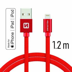 Datový kabel Swissten textilní s certifikací MFI, Lightning konektorem a podporou rychlonabíjení. Red obraz