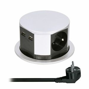 Solight výsuvný blok zásuvek, 3 zásuvky, 2x USB, kruhový tvar nízký, prodlužovací přívod 2m, 3 x 1mm2, stříbrný PP100USB obraz