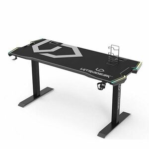 ULTRADESK herní stůl FORCE - šedý, 166x70 cm, 76.5 cm, s XXL podložkou pod myš, držák sluchátek aj nápojů, RGB obraz
