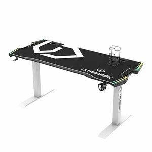 ULTRADESK herní stůl FORCE SNOW - bílý, 166x70 cm, 76.5 cm, s XXL podložkou pod myš, držák sluchátek aj nápojů, RGB obraz